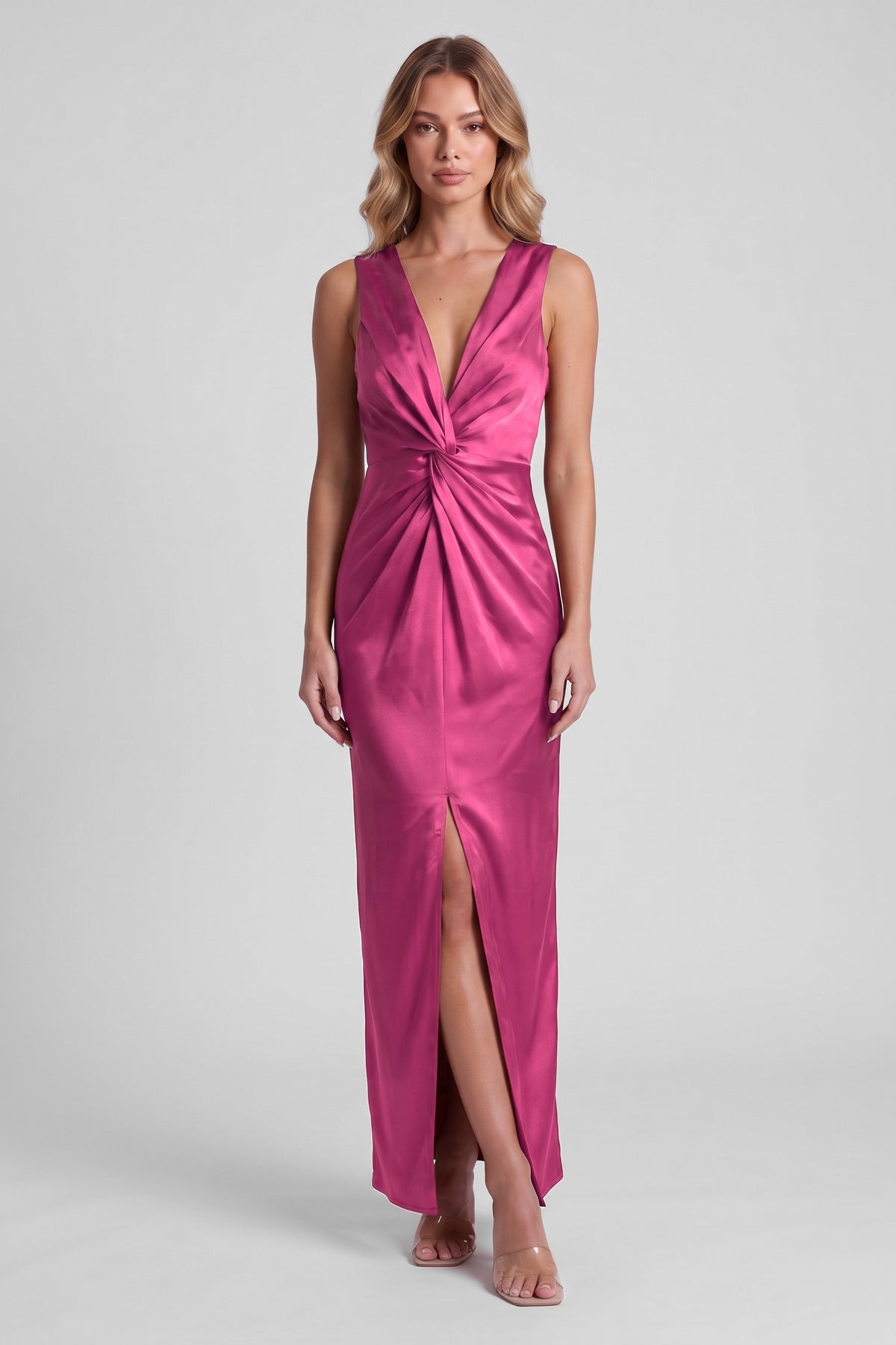Daphne Satin Twist Maxi Dress - Fuchsia, front slit view