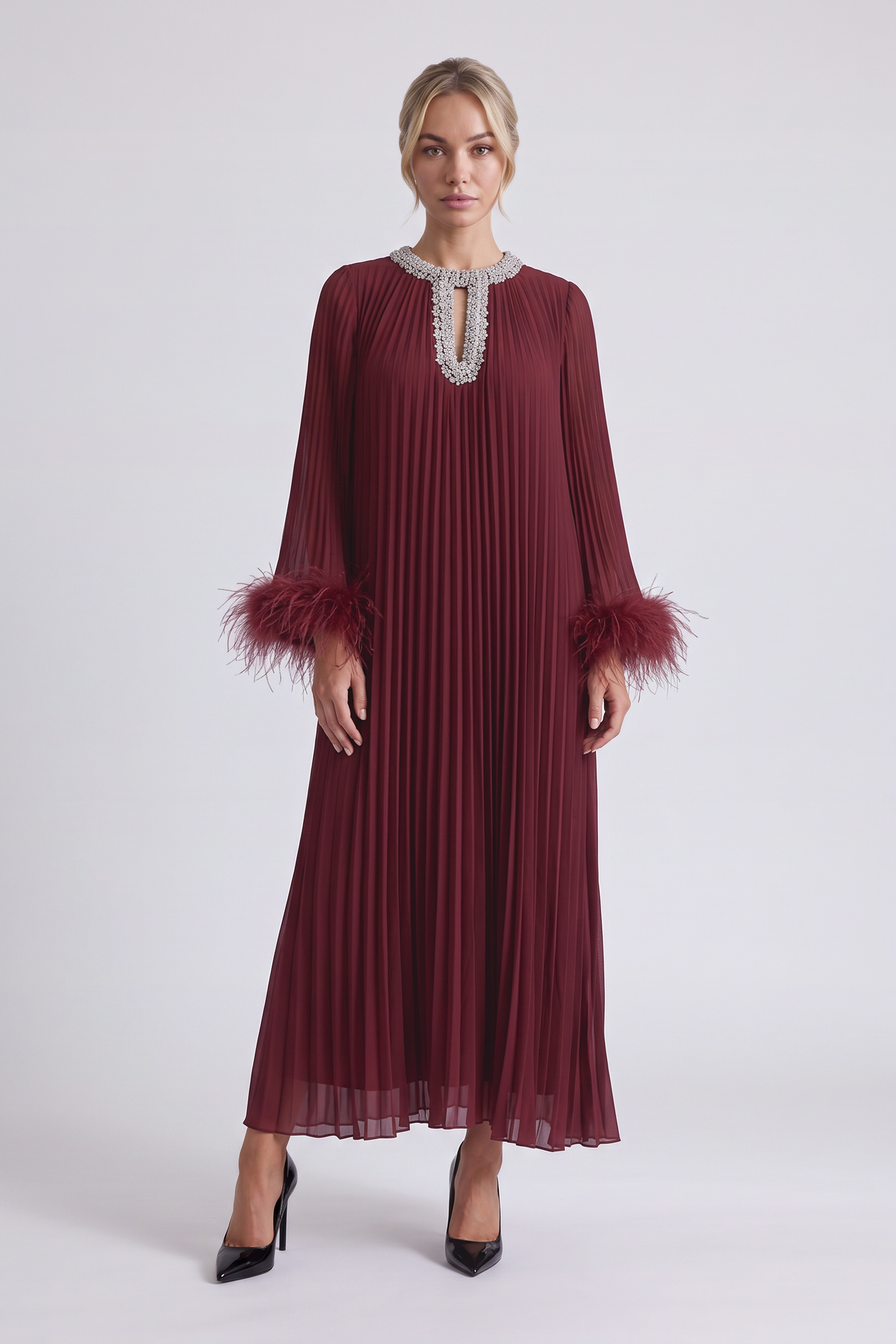 Odessa Feather Dress in Burgundy - front view