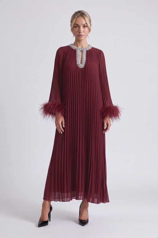 Odessa Feather Dress in Burgundy - front view