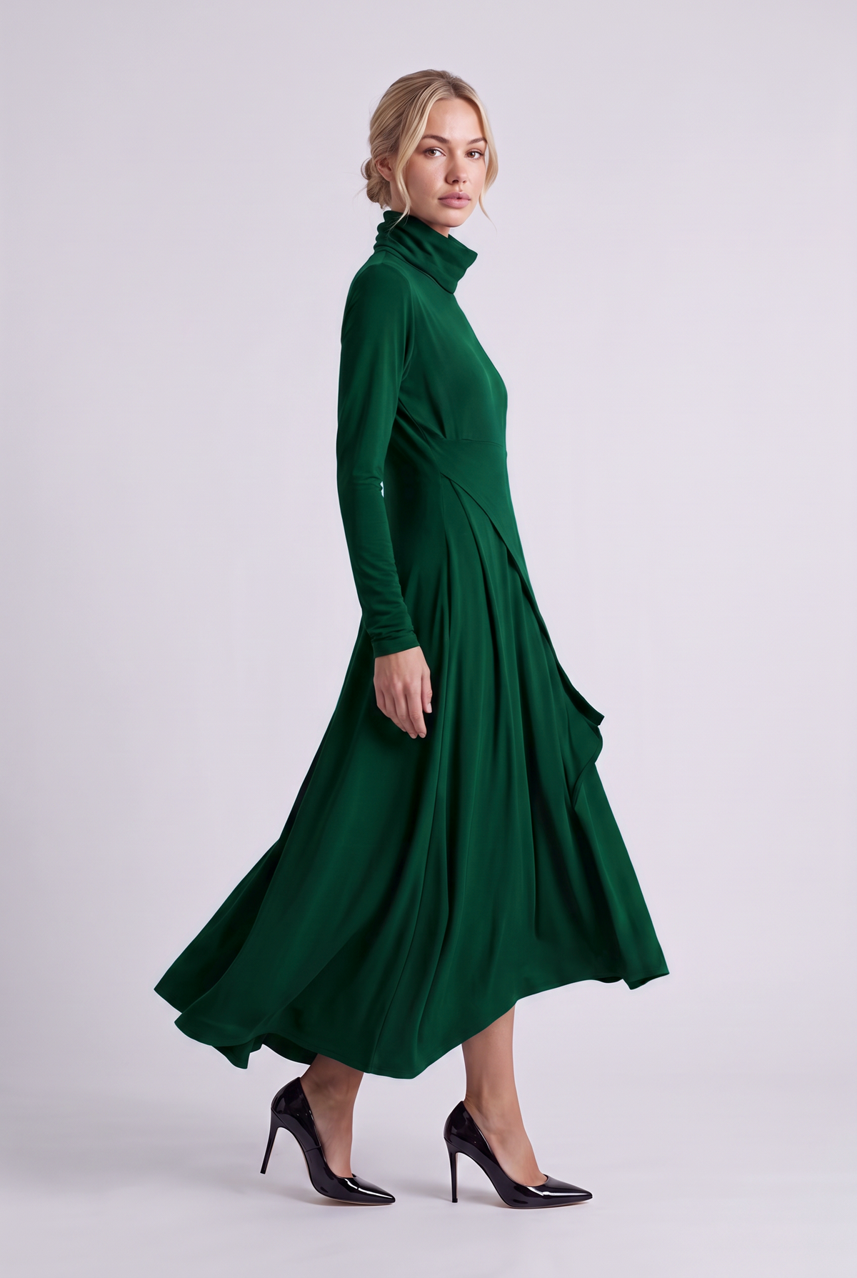 Aurelie Draped Turtleneck Maxi Dress in Green, three-quarter view