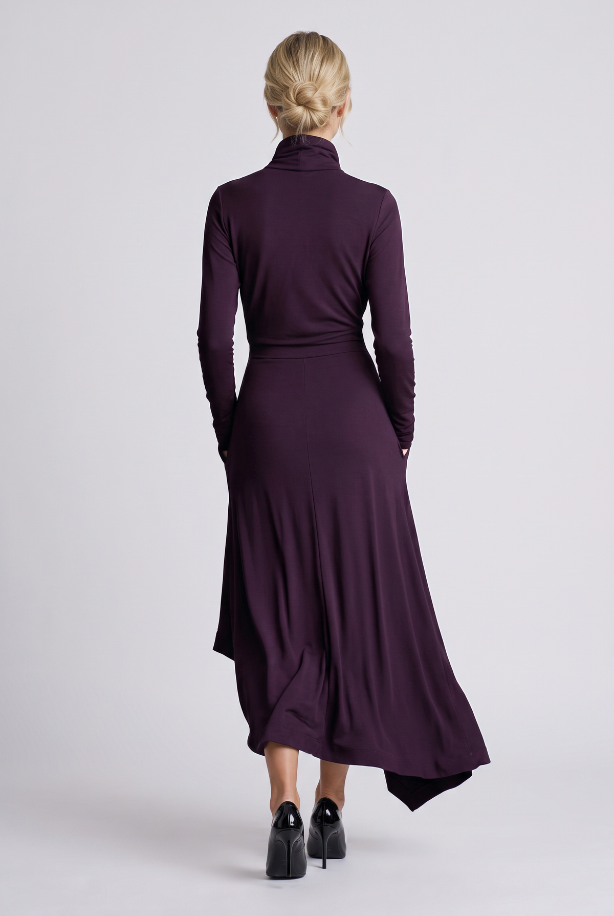 Aurelie Draped Turtleneck Maxi Dress in Purple, back view