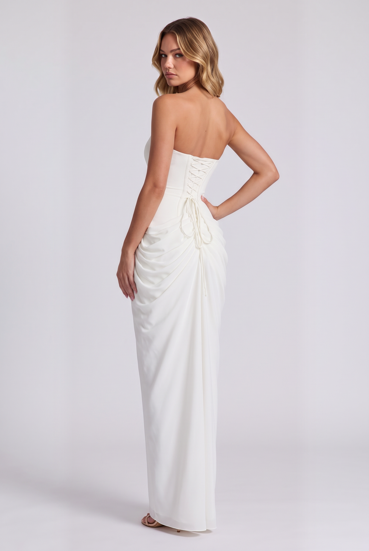 Ophelia Corset Maxi Dress in Ivory - over-the-shoulder back view