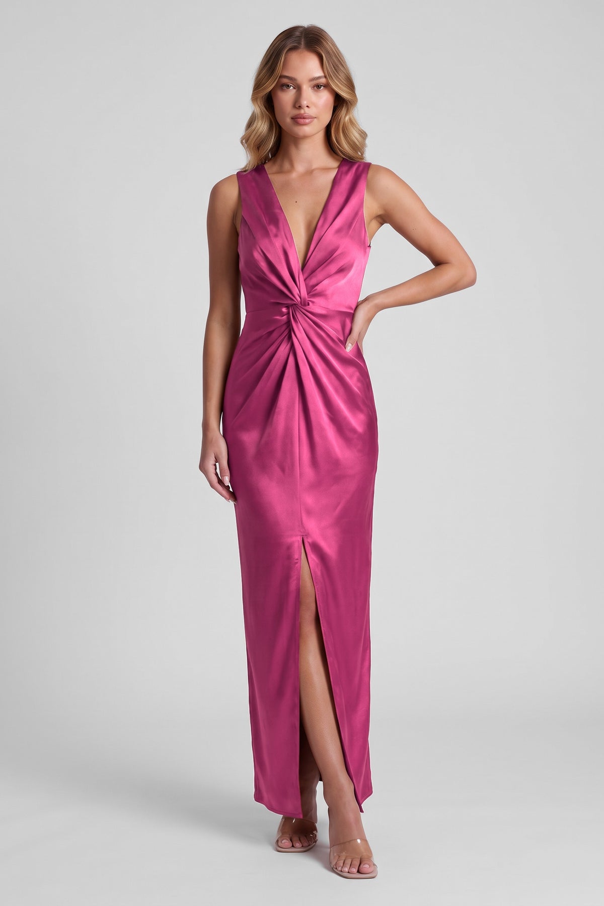 Daphne Satin Twist Maxi Dress - Fuchsia, front view