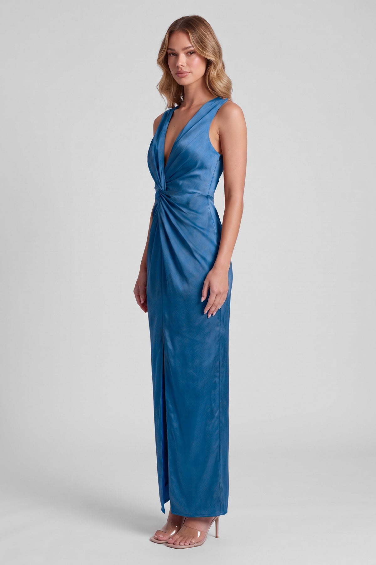 Daphne Satin Twist Maxi Dress - Ocean Blue, three-quarter view