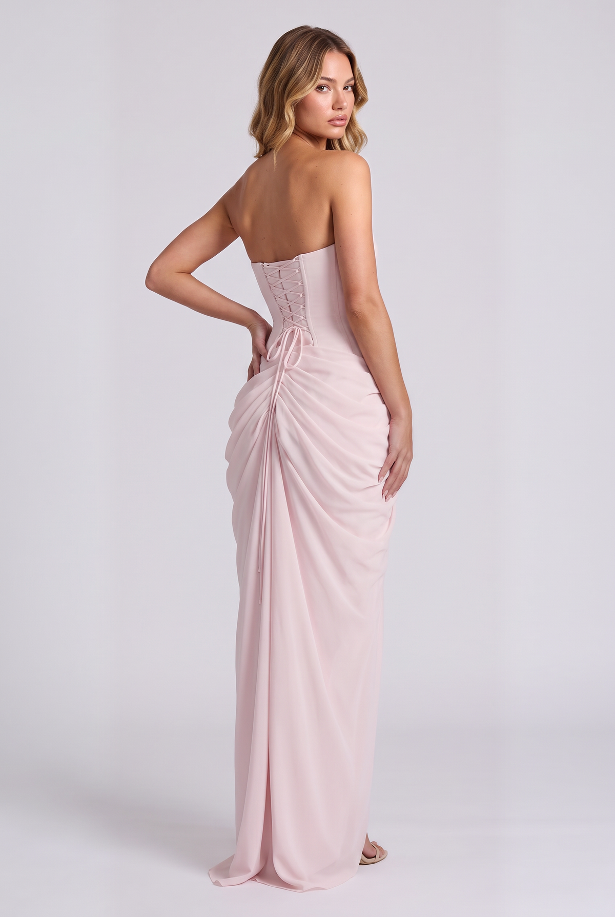 Ophelia Corset Maxi Dress in Blush - over-the-shoulder back view