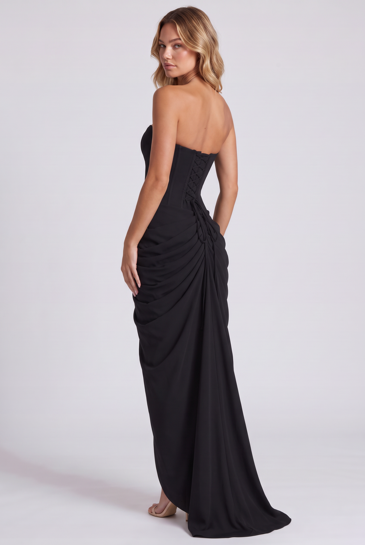 Ophelia Corset Maxi Dress in Black - over-the-shoulder back view