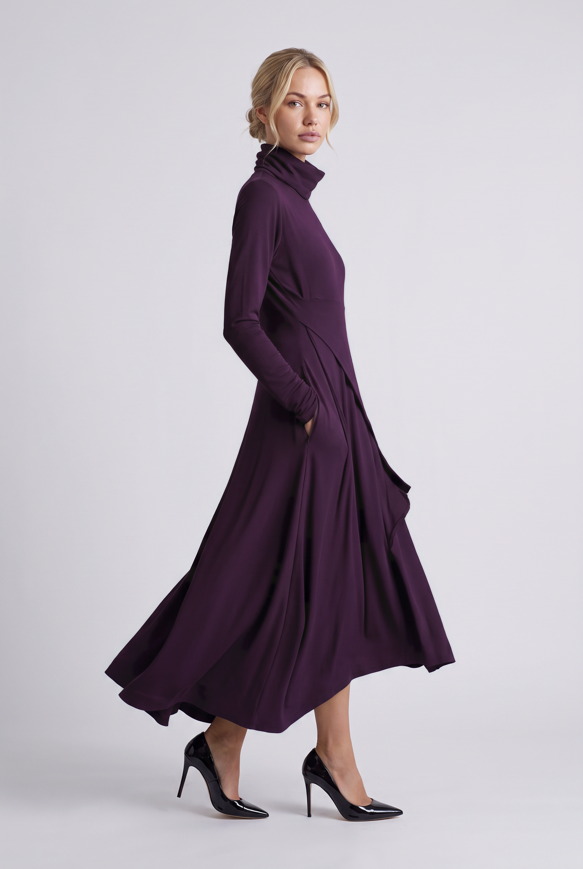 Aurelie Draped Turtleneck Maxi Dress in Purple, three-quarter view