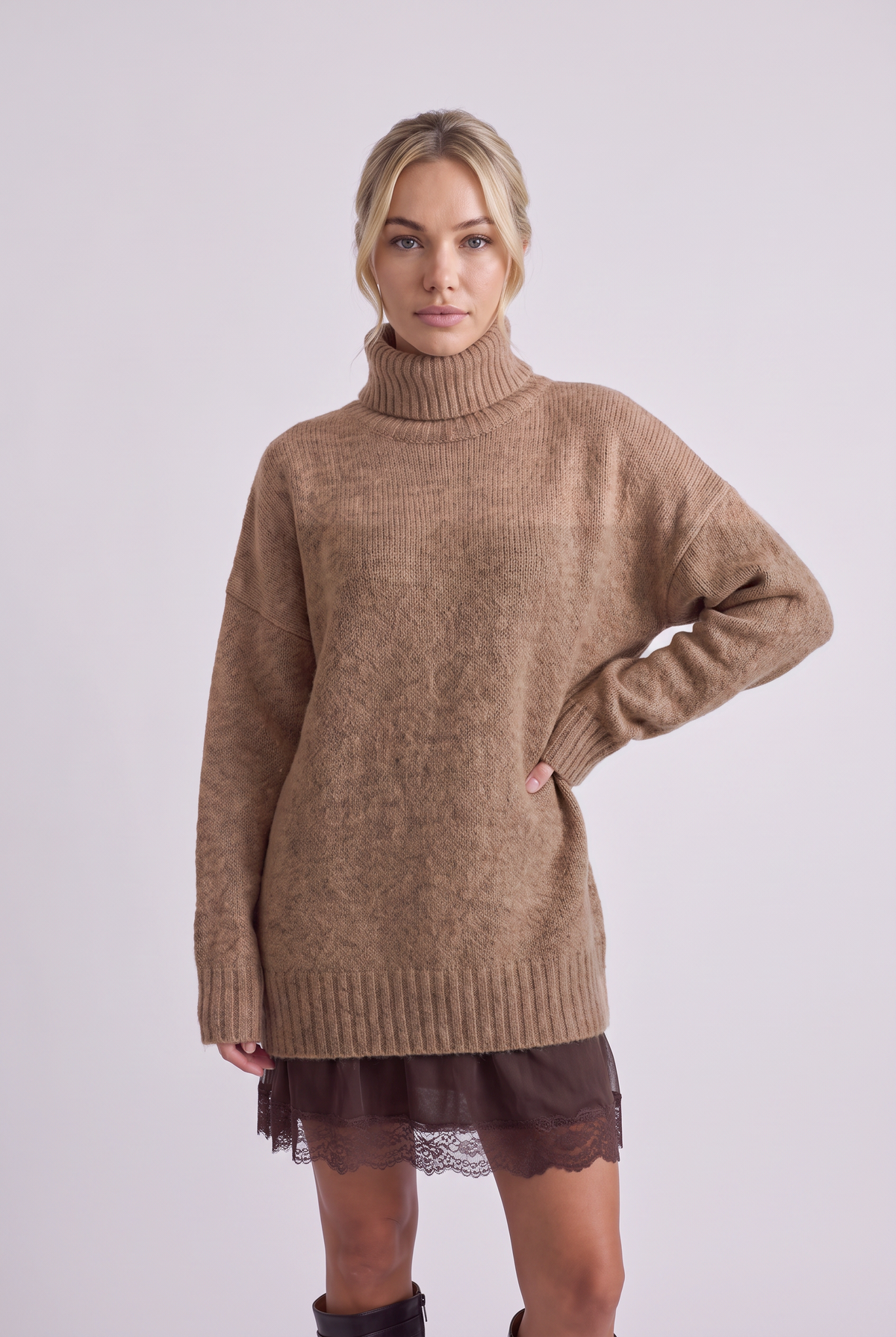 Brielle Oversized Turtleneck Sweater in Khaki, close-up