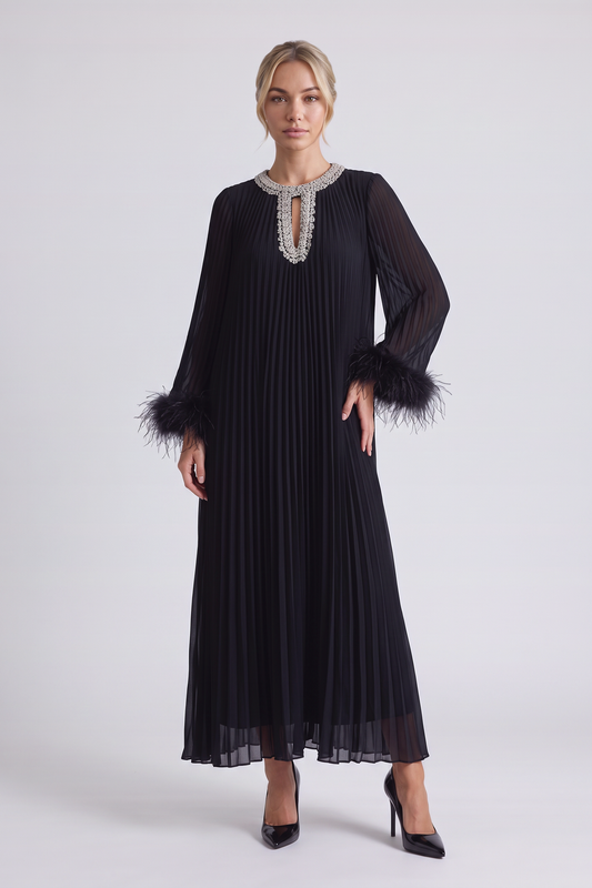 Odessa Feather Dress in Black - front view