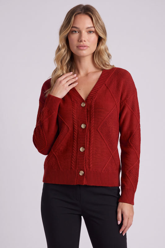 Maren Cable Knit Button Cardigan in Red - front view