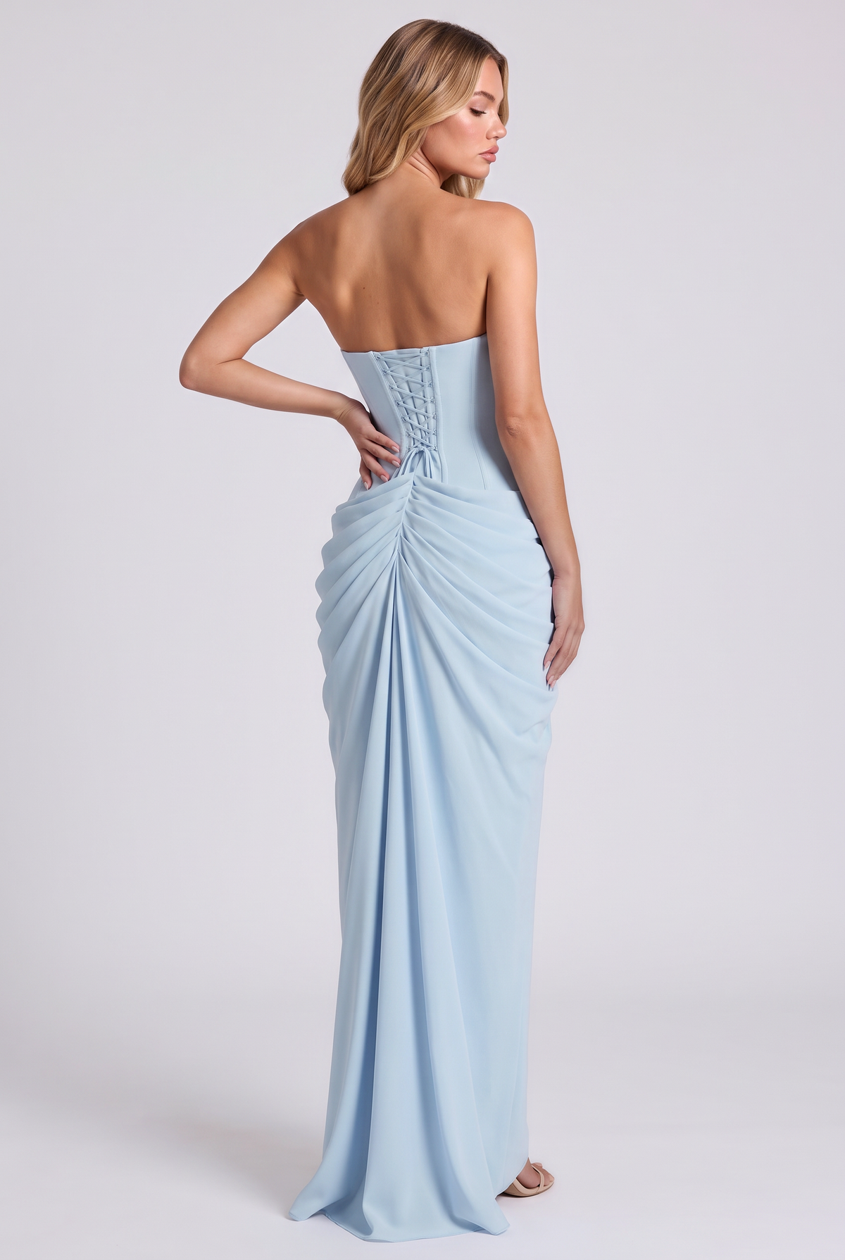Ophelia Corset Maxi Dress in Glacier Blue - over-the-shoulder back view