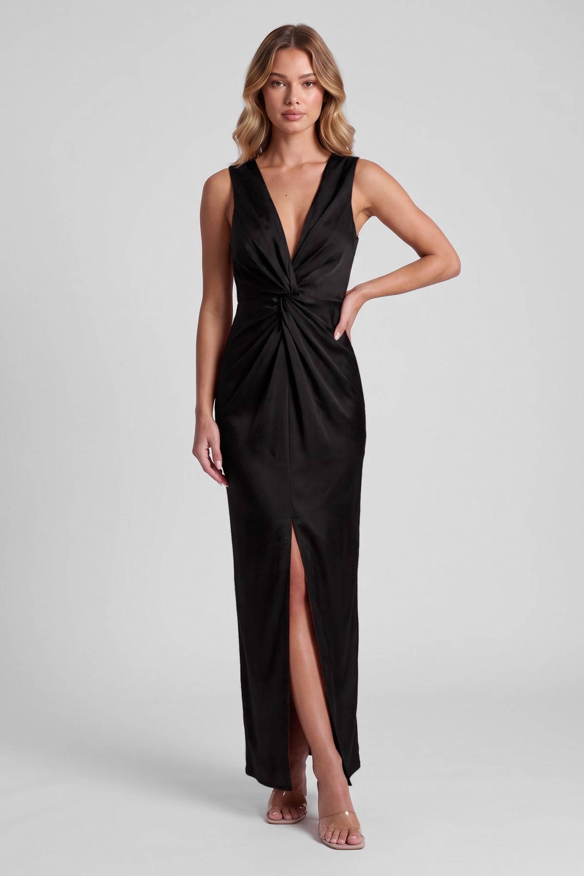 Daphne Satin Twist Maxi Dress - Black, front view