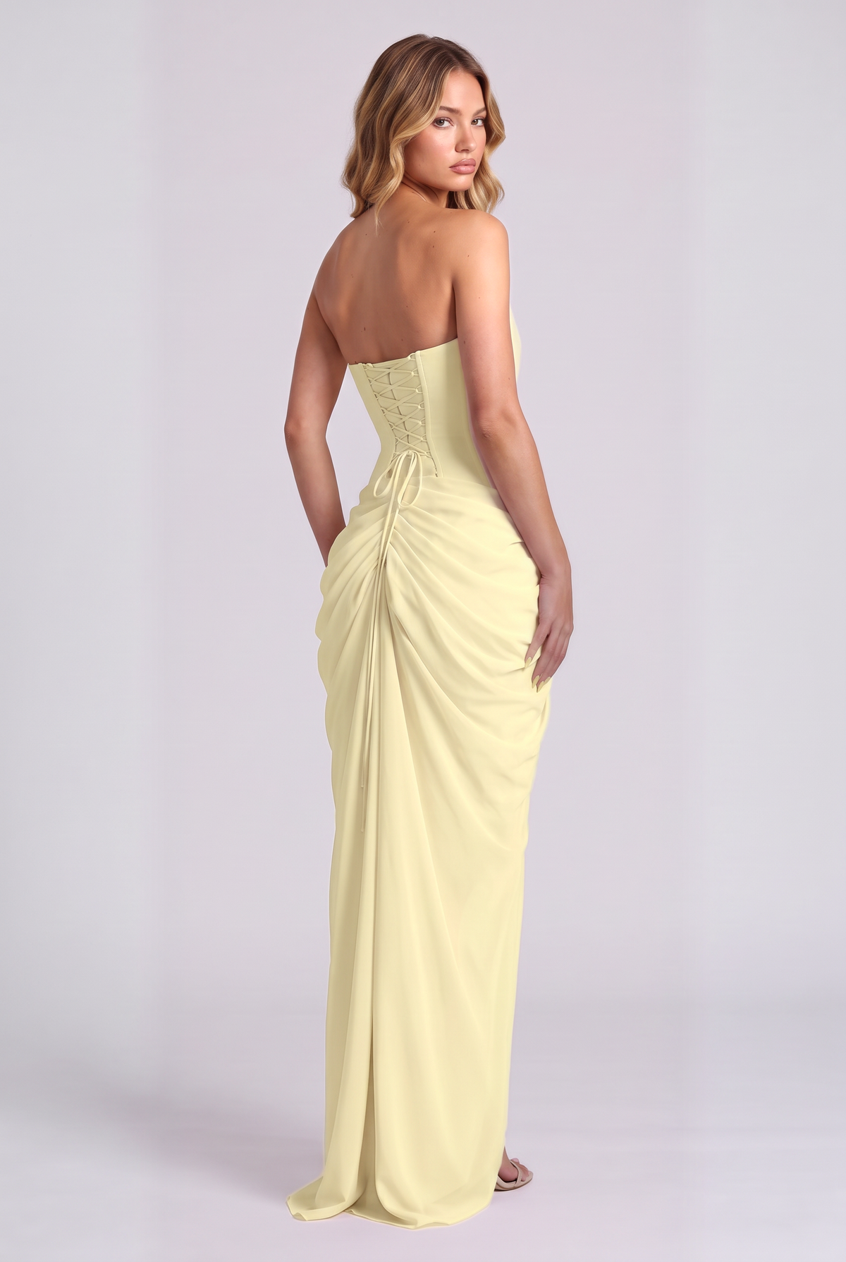 Ophelia Corset Maxi Dress in Lemon - over-the-shoulder back view