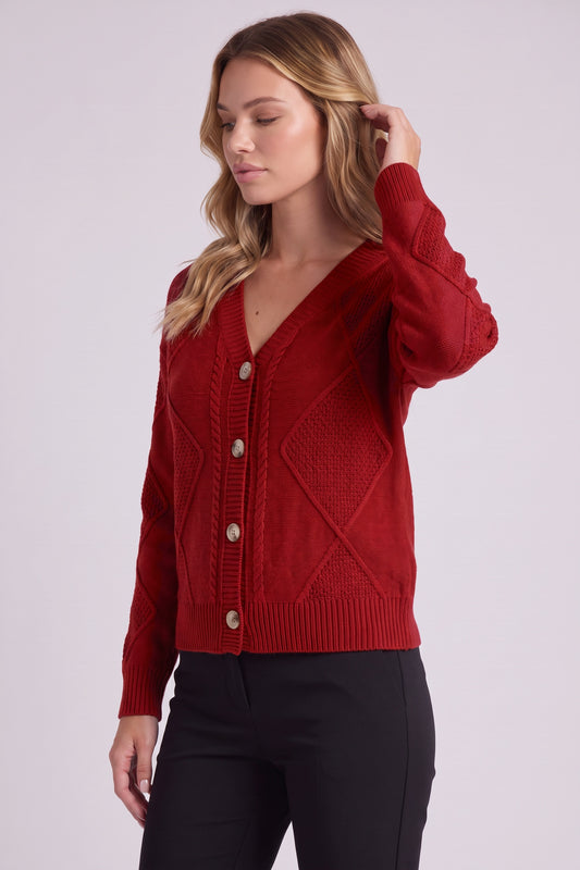 Maren Cable Knit Button Cardigan in Red - three-quarter view