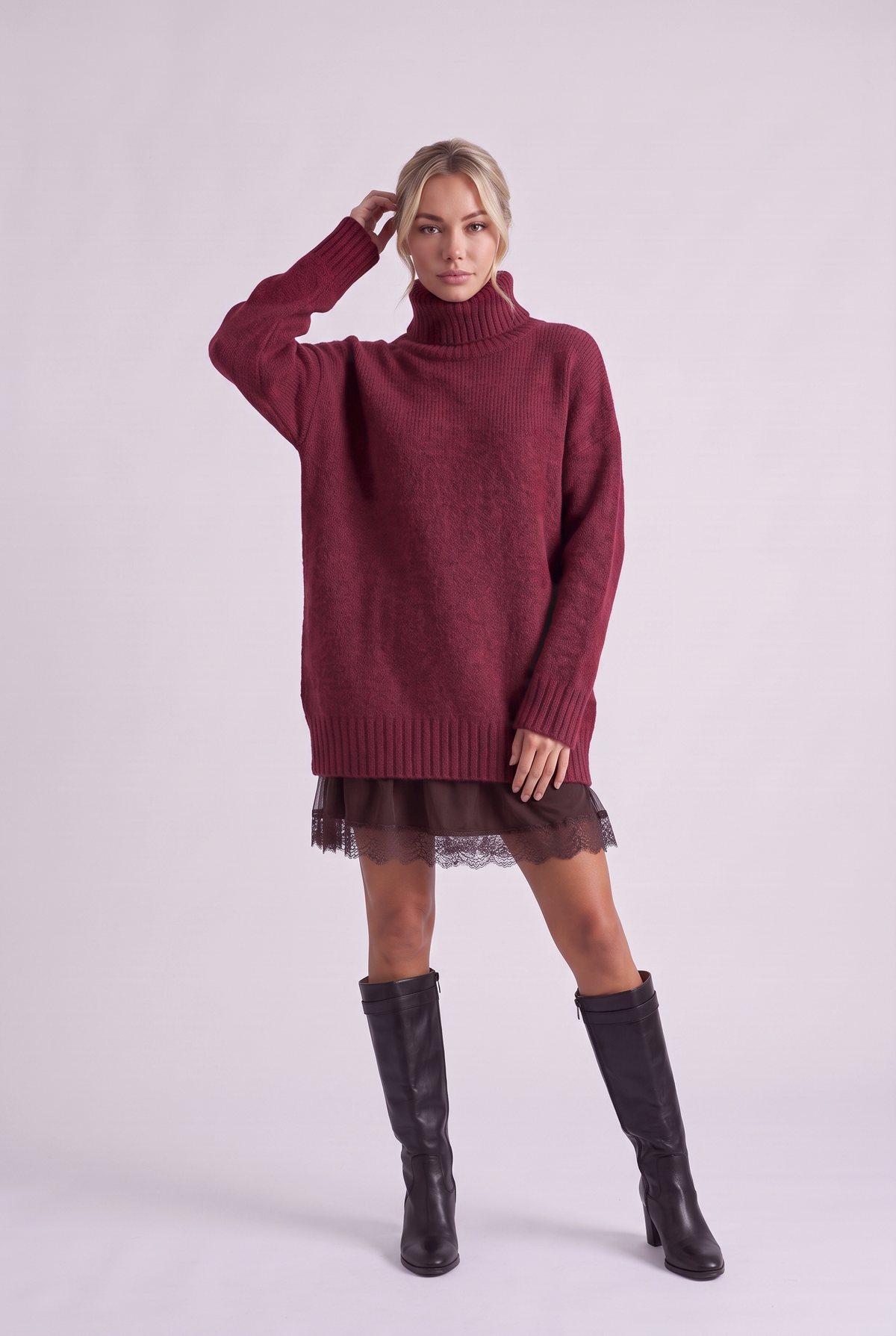 Brielle Oversized Turtleneck Sweater in Wine, front view
