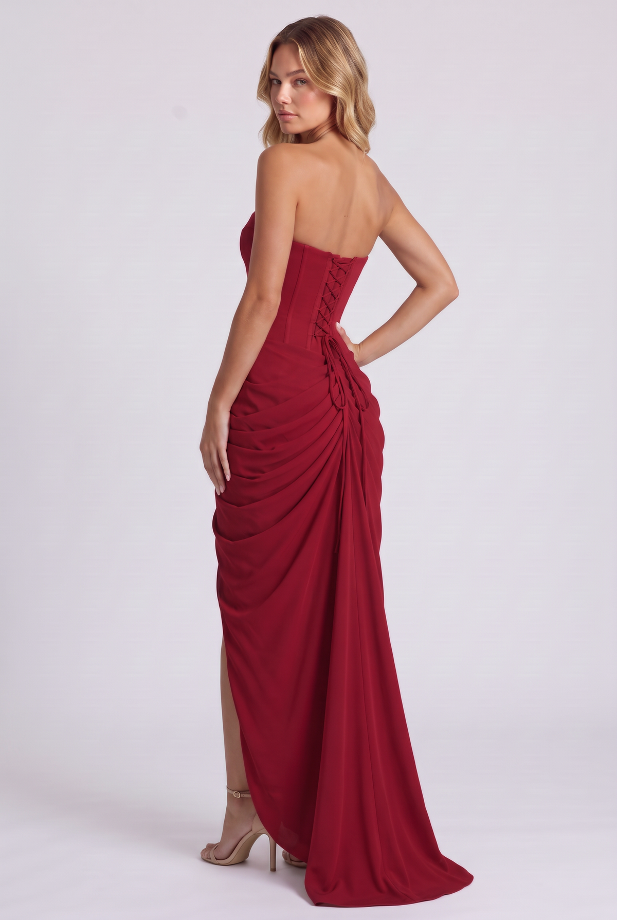 Ophelia Corset Maxi Dress in Deep Red - over-the-shoulder back view