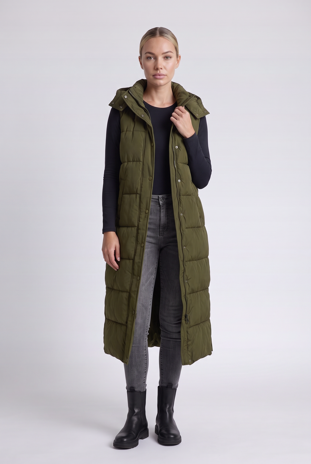 Sabine Puffer Vest in Army Green - front view