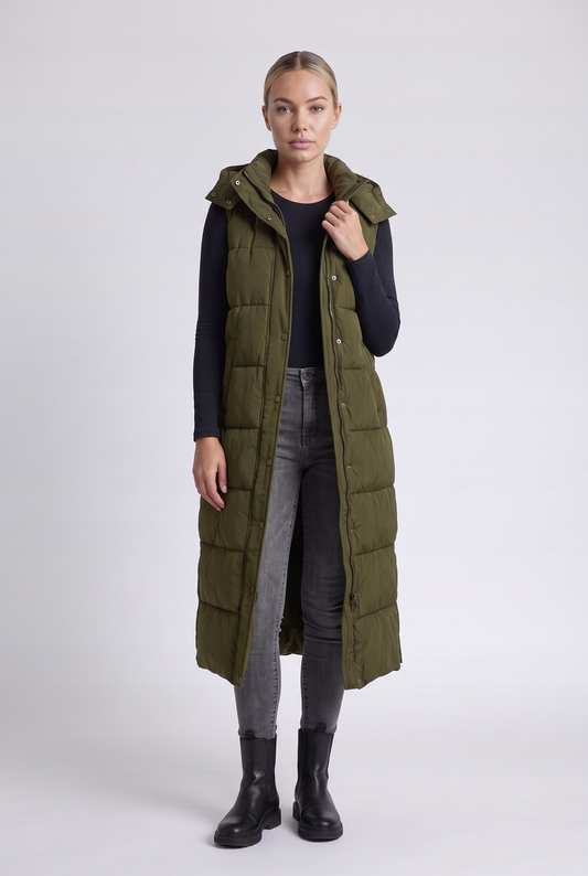 Sabine Puffer Vest in Army Green - front view