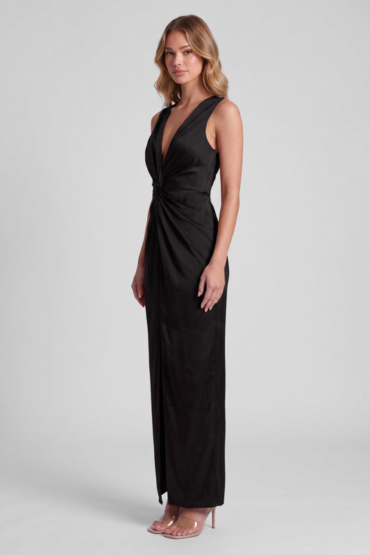 Daphne Satin Twist Maxi Dress - Black, three-quarter view