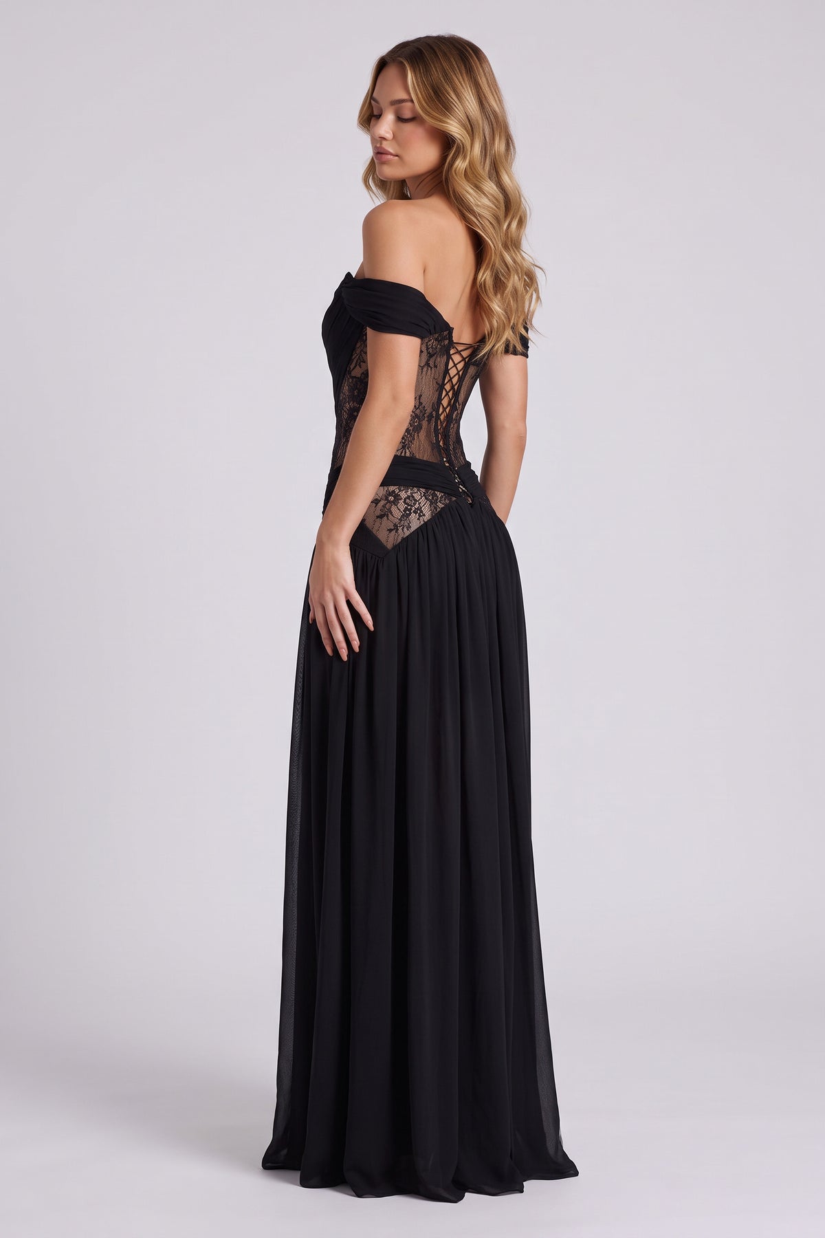Morgana Lace Corset Maxi Dress in Black - side-back view