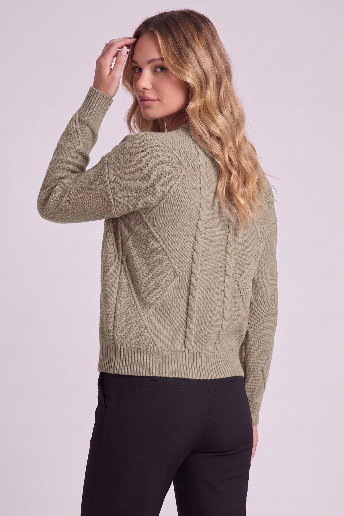 Maren Cable Knit Button Cardigan in Taupe - back view