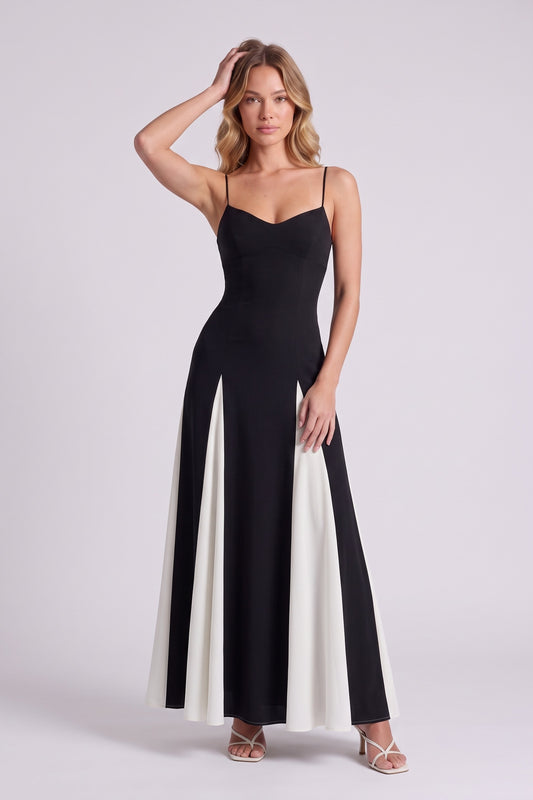 Riviera Paneled Maxi Dress - Black and White, hand in hair