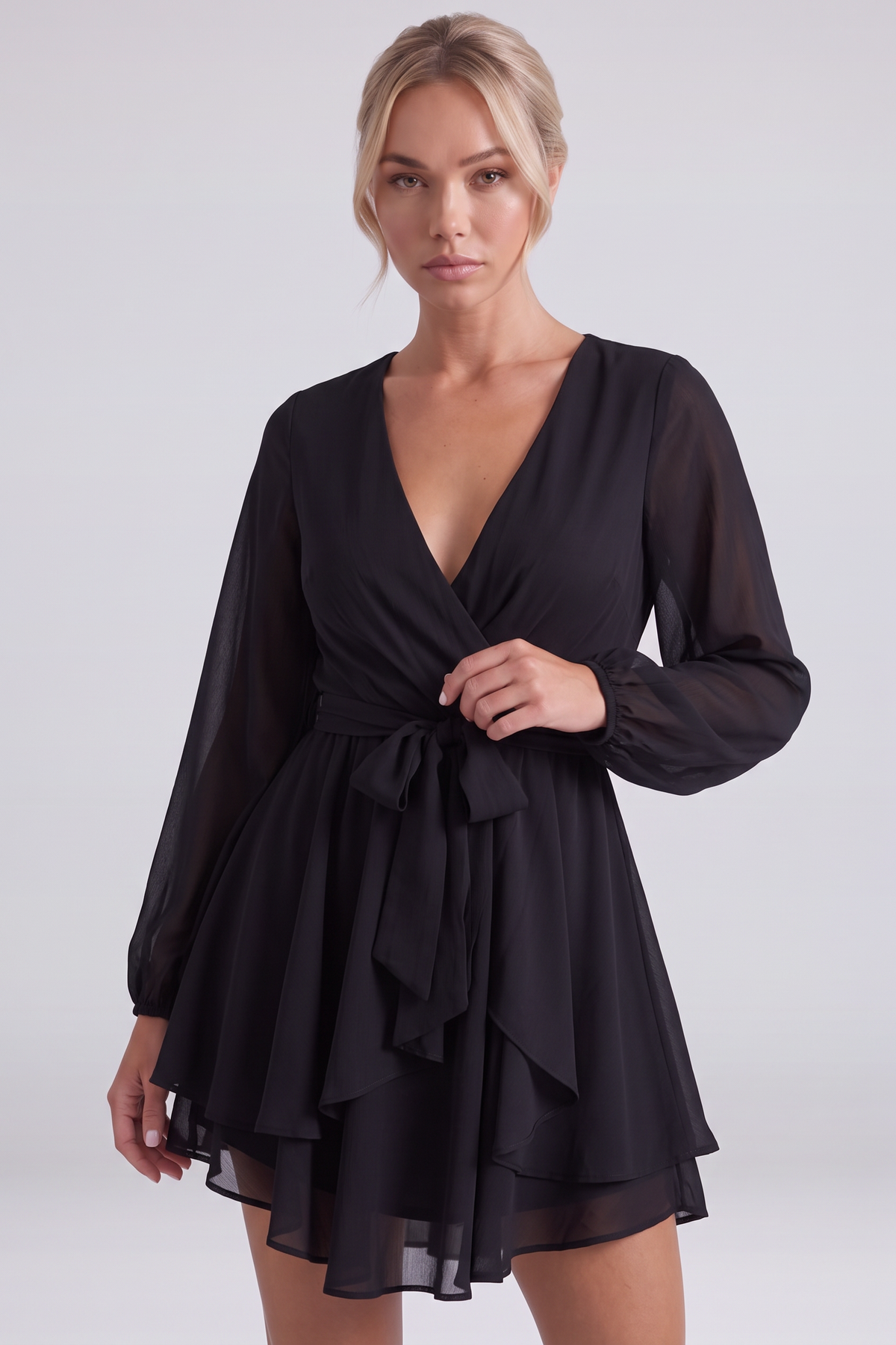 Camille Ruffle Dress in Black - close-up