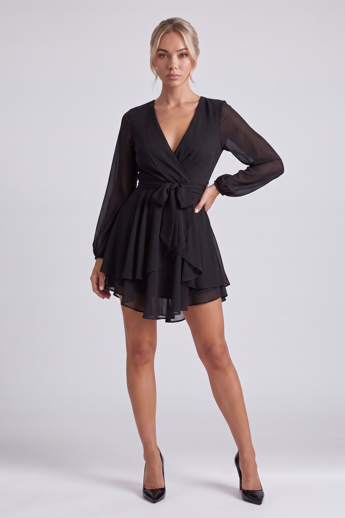 Camille Ruffle Dress in Black - front view