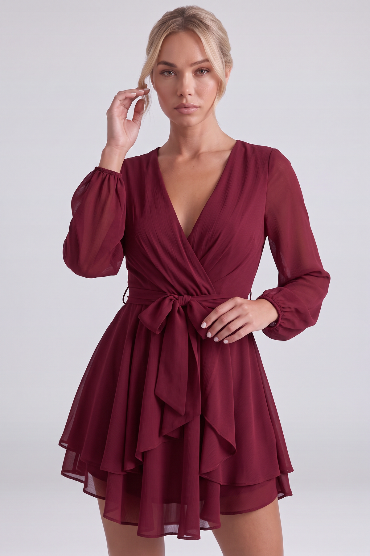 Camille Ruffle Dress in Burgundy - close-up