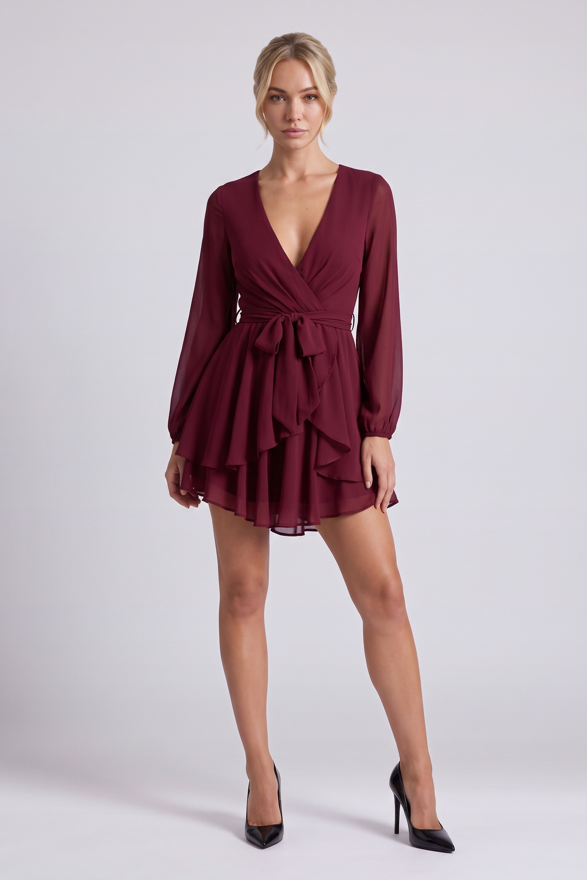 Camille Ruffle Dress in Burgundy - front view