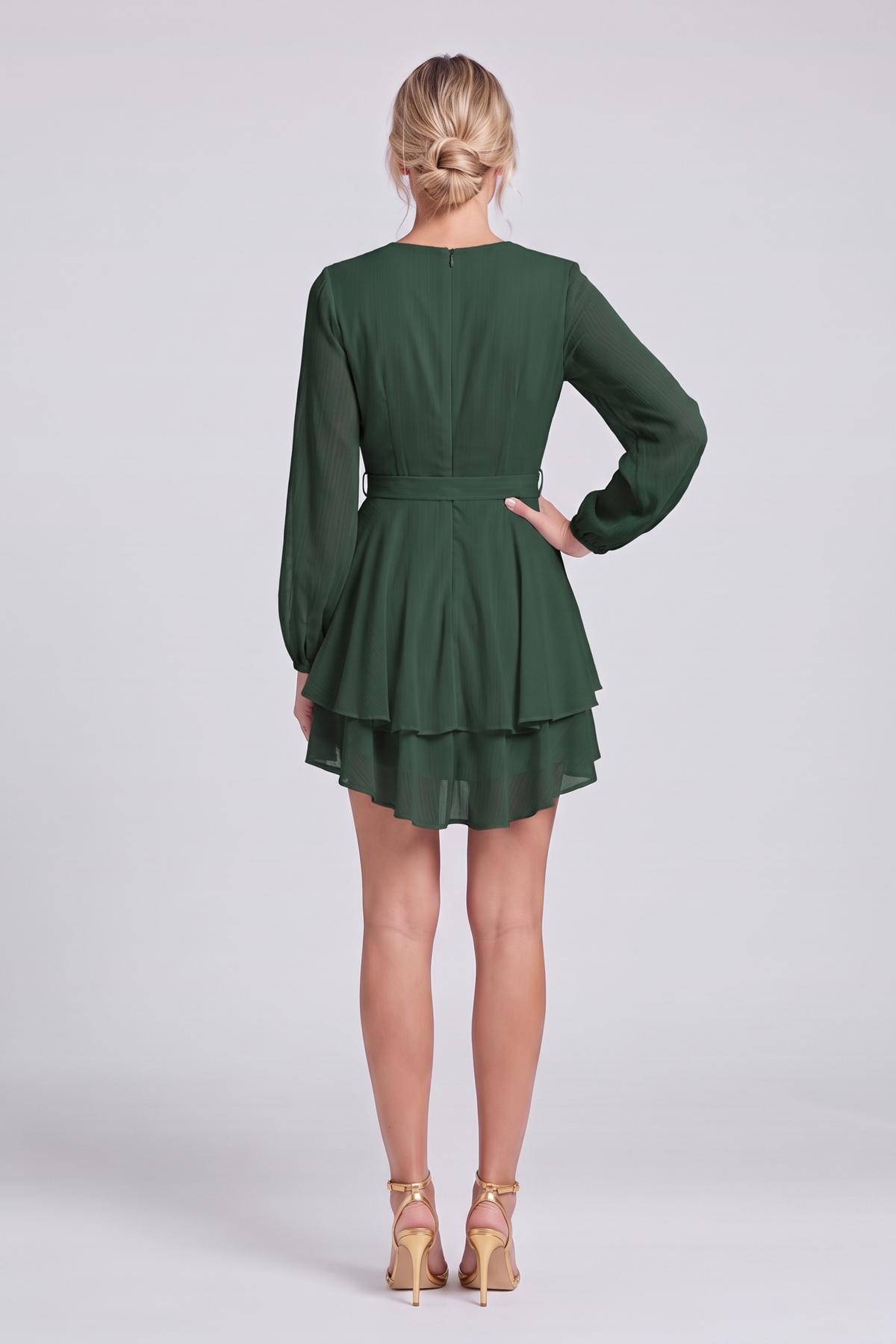 Camille Ruffle Dress in Dark Green - back view