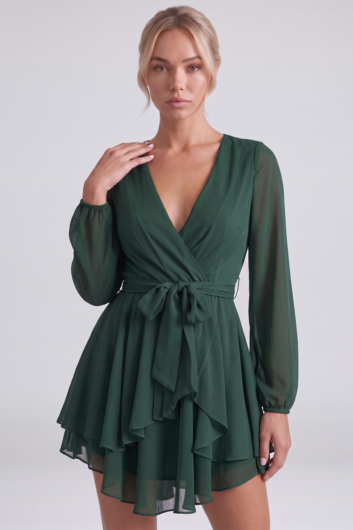 Camille Ruffle Dress in Dark Green - close-up