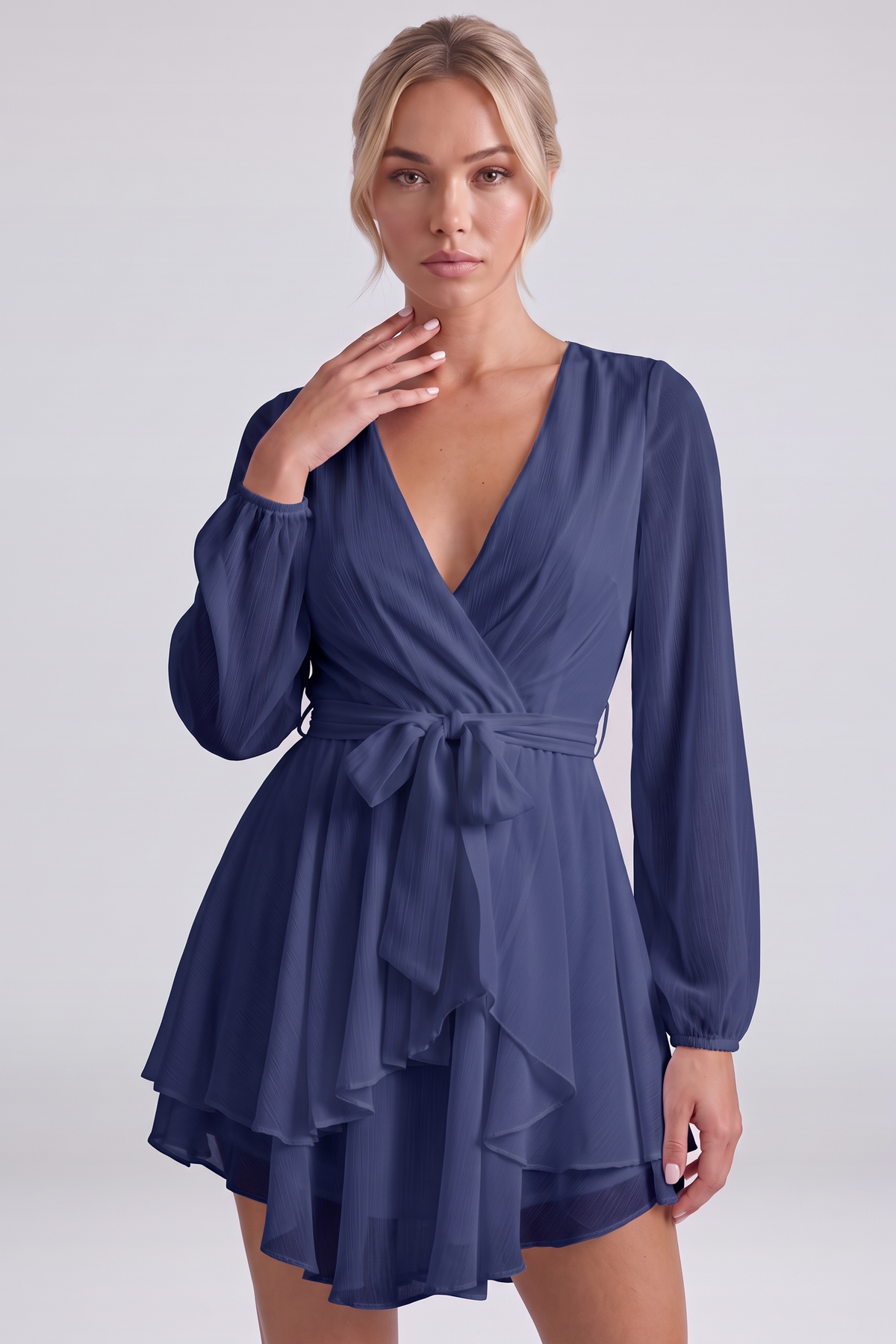 Camille Ruffle Dress in Navy Blue - close-up