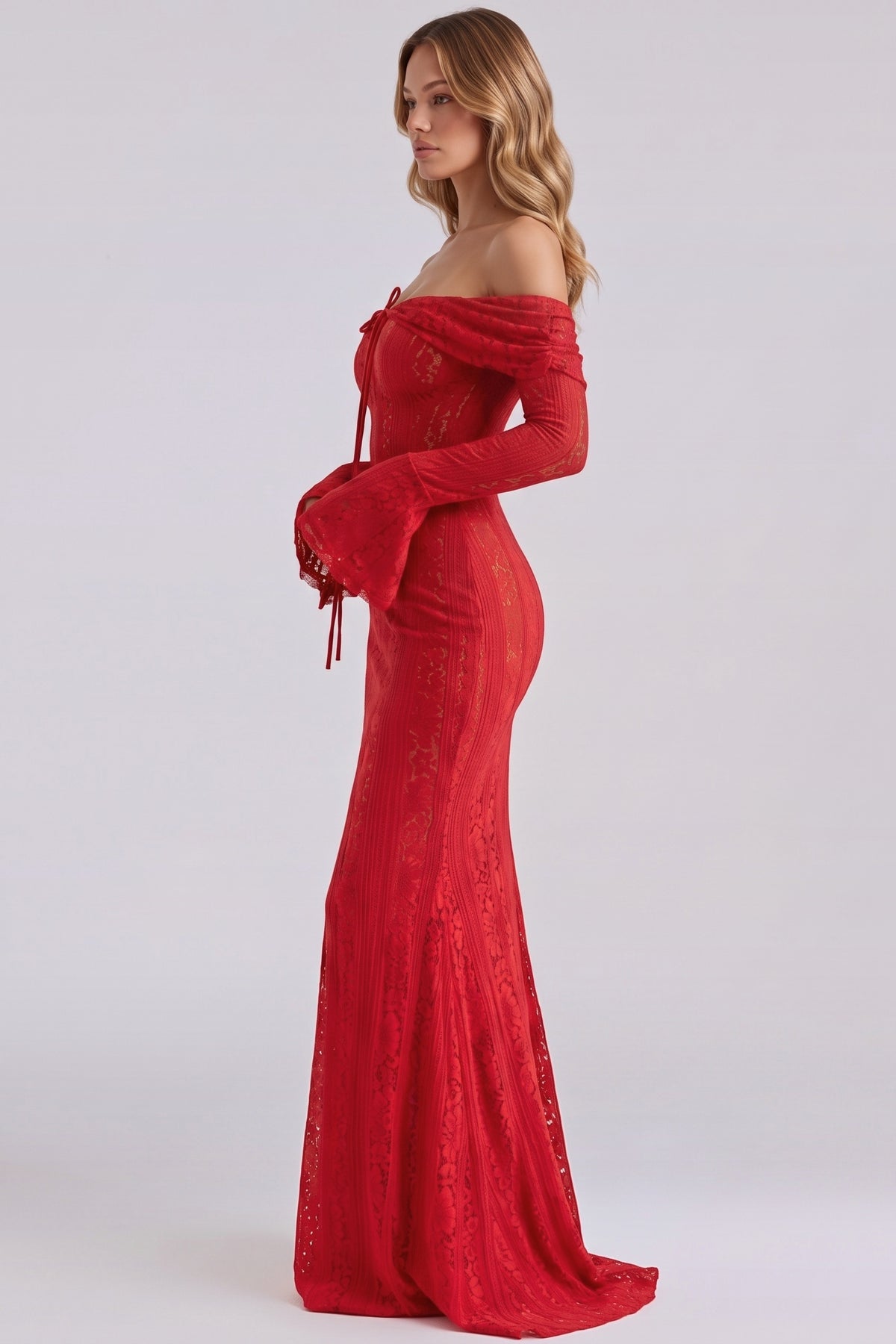 Amara Lace Gown in Red - side view
