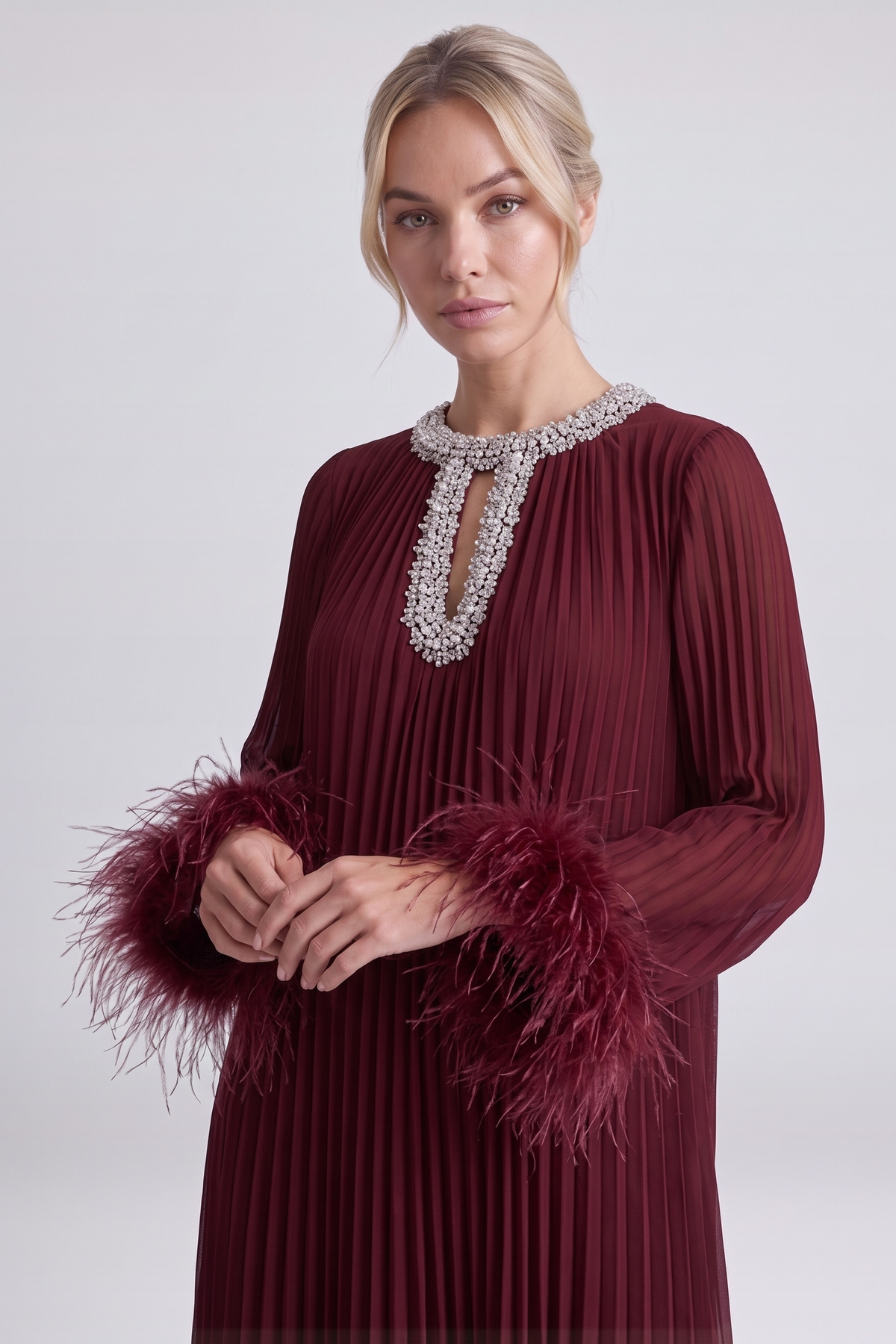 Odessa Feather Dress in Burgundy - crystal collar close-up
