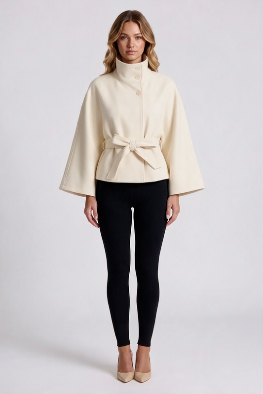 Solene Belted Cape in Beige - front view