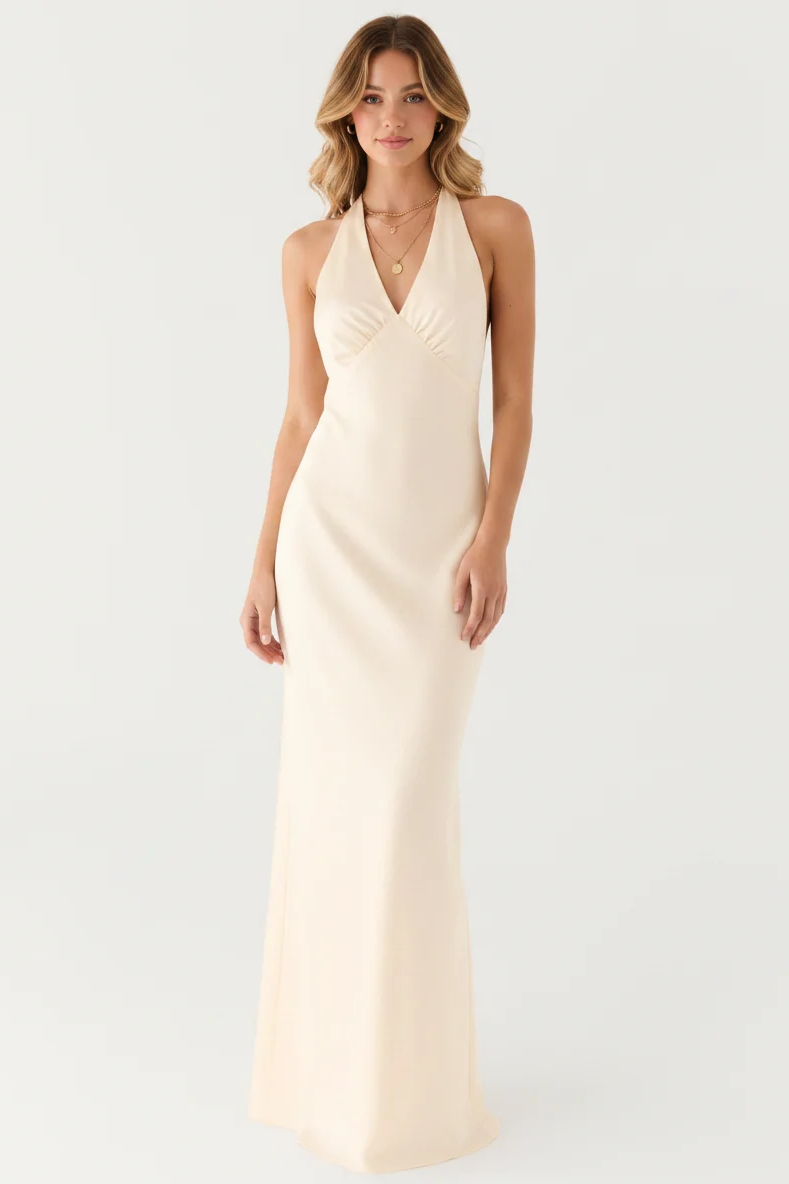 Aveline Halter Gown in Ivory - front view