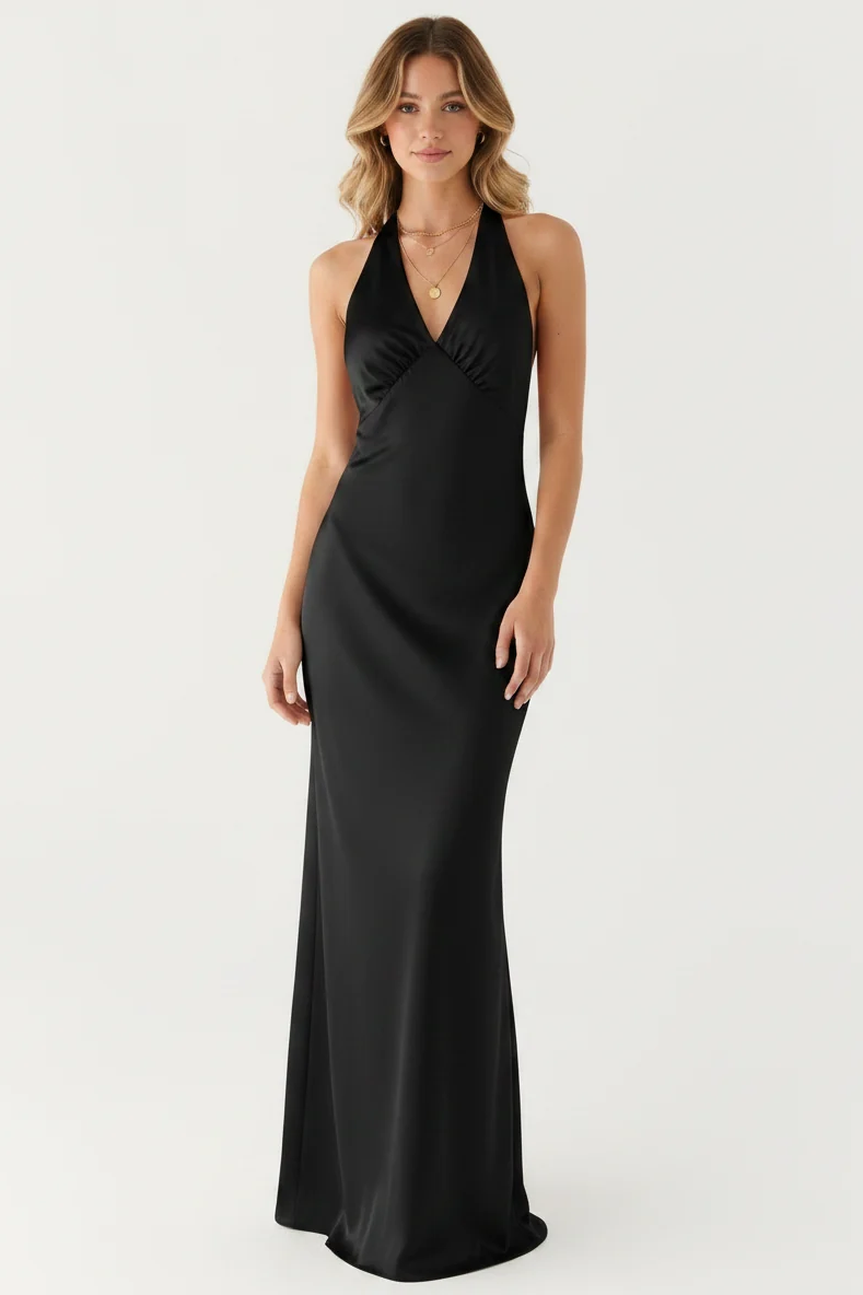 Aveline Halter Gown in Black - front view