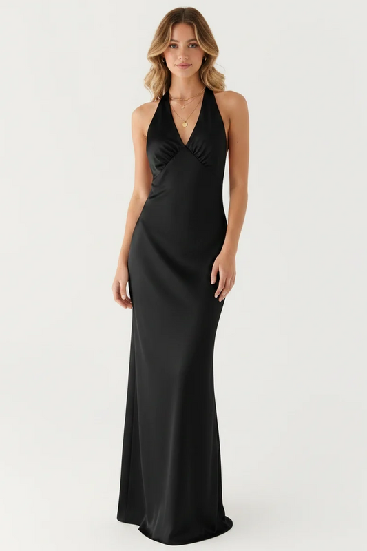 Aveline Halter Gown in Black - front view