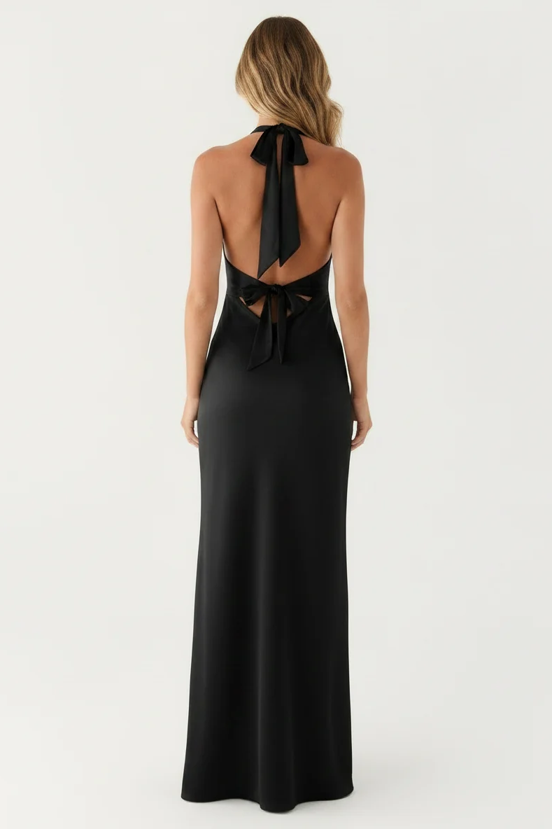 Aveline Halter Gown in Black - back view