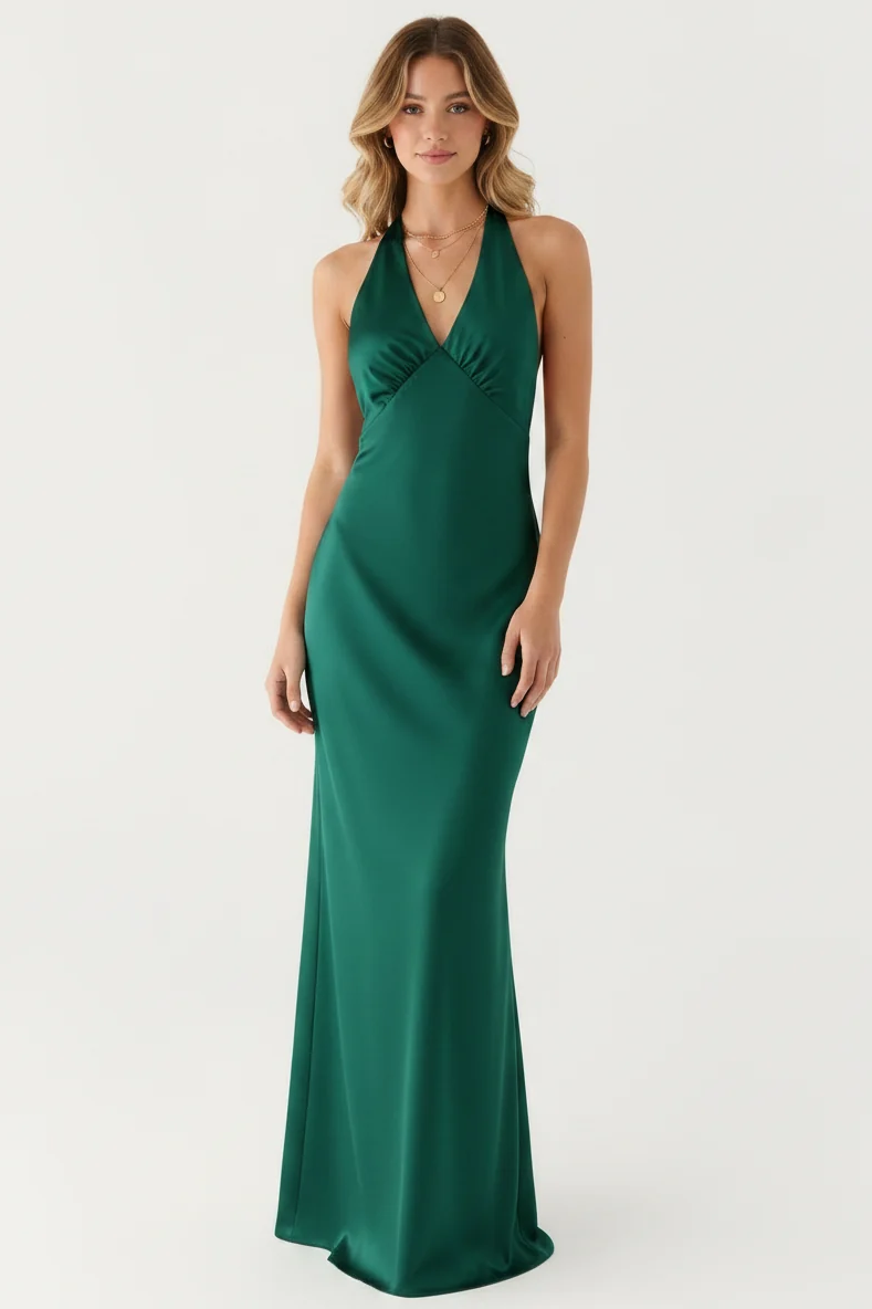 Aveline Halter Gown in Green - front view