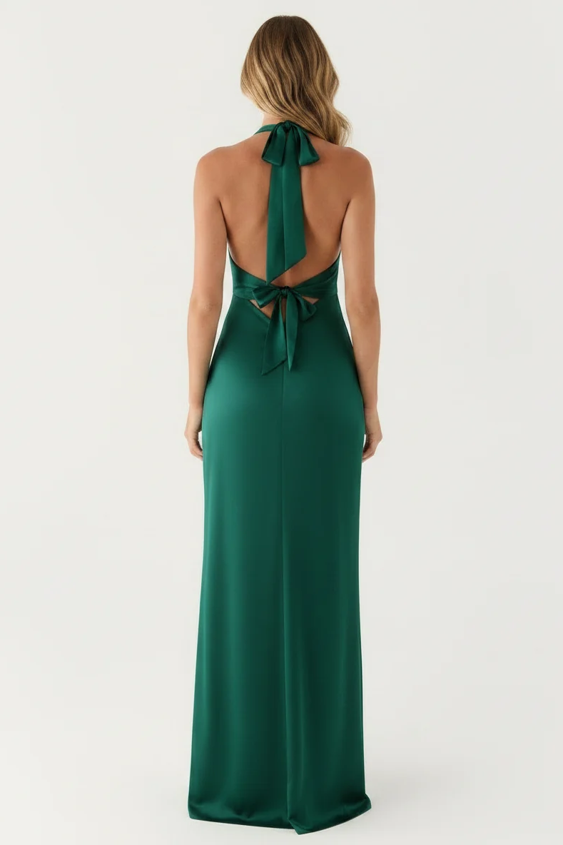 Aveline Halter Gown in Green - back view