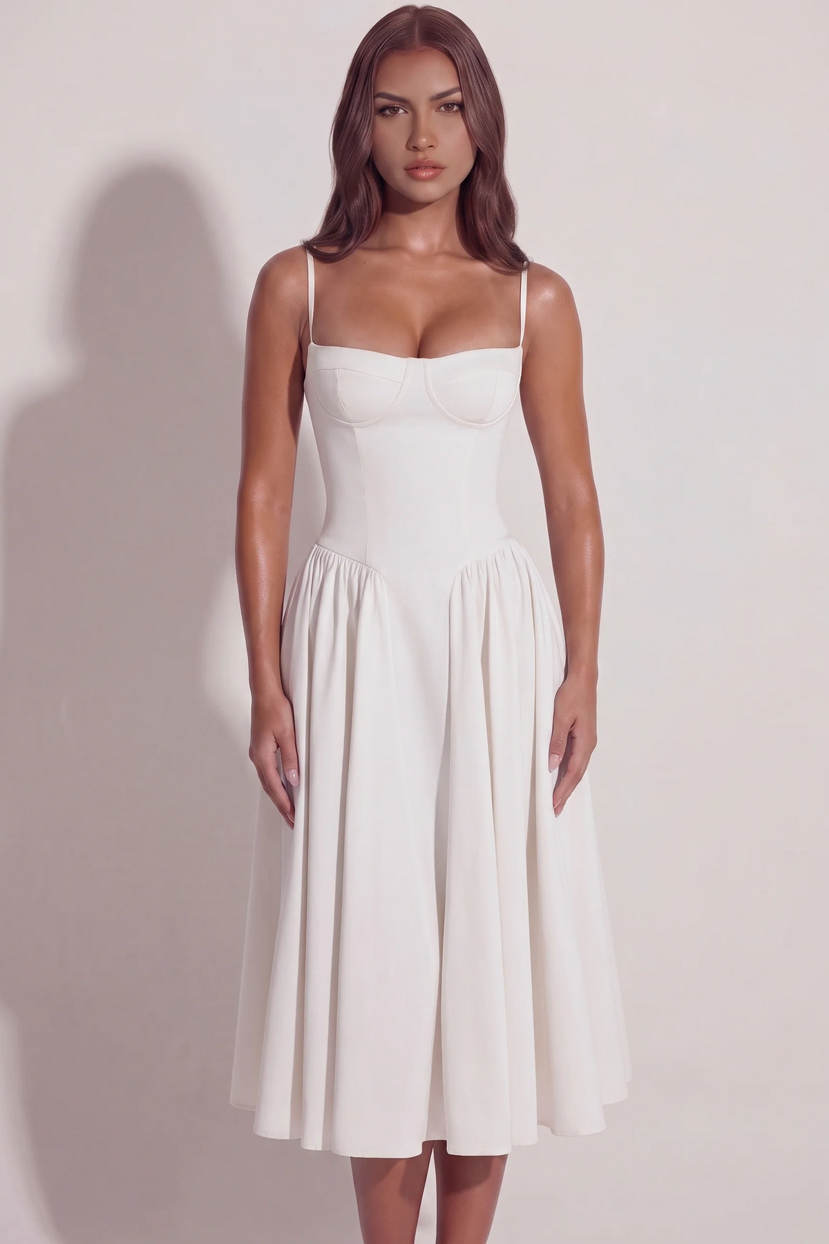 Bianca Sweetheart Bustier Midi Dress in White - front view