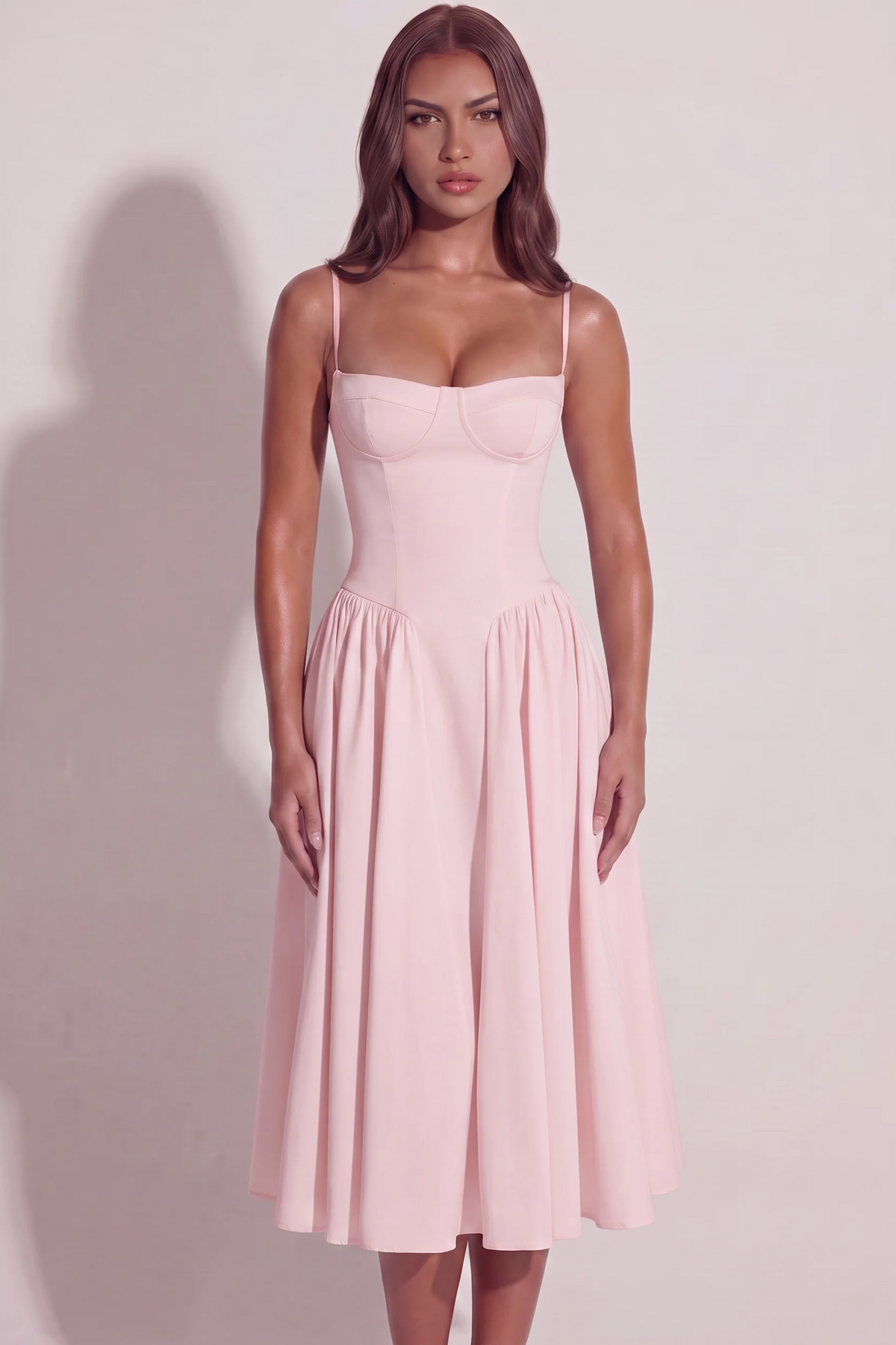 Bianca Sweetheart Bustier Midi Dress in Baby Pink - front view