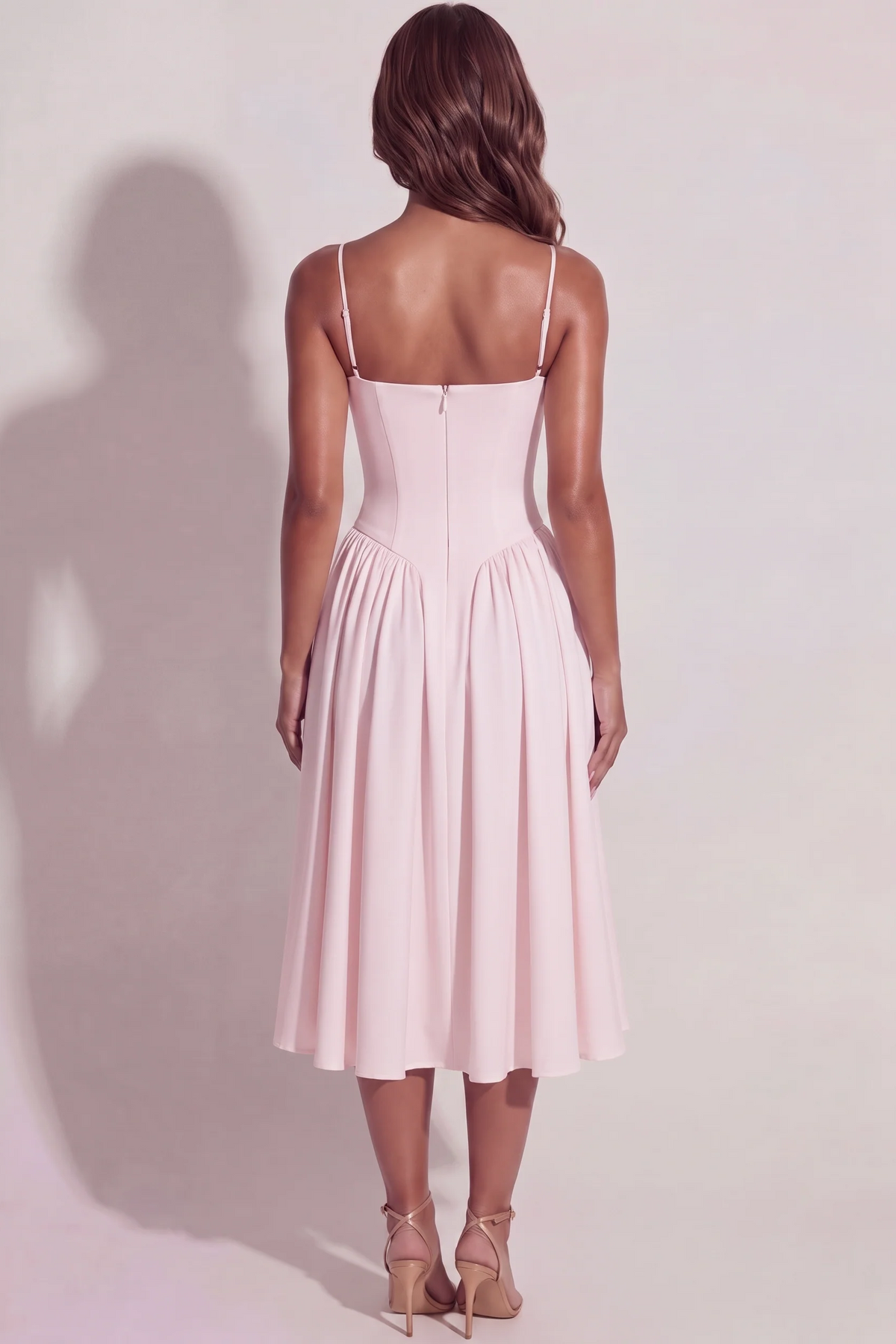Bianca Sweetheart Bustier Midi Dress in Baby Pink - back view