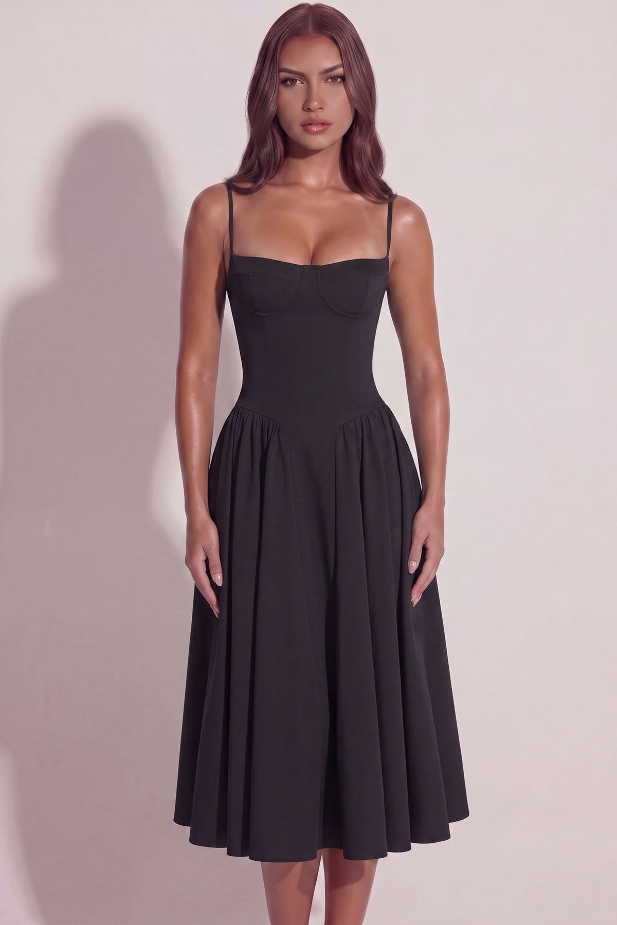 Bianca Sweetheart Bustier Midi Dress in Black - front view