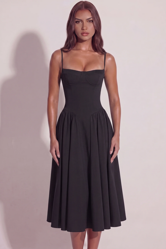 Bianca Sweetheart Bustier Midi Dress in Black - front view