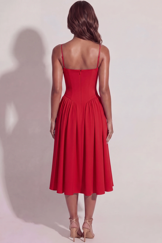 Bianca Sweetheart Bustier Midi Dress in Red - back view