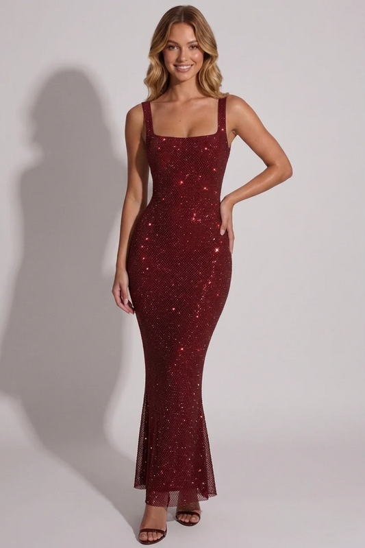 Celestia Rhinestone Gown in Burgundy - front view