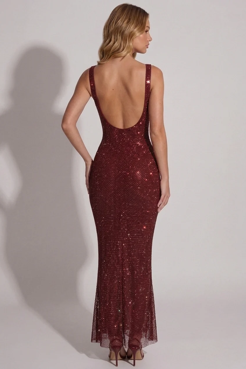 Celestia Rhinestone Gown in Burgundy - back view